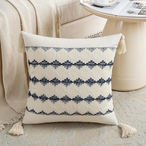 Fancy Homi Set of 2 Navy Blue Decorative Throw Pillow Covers 16x16 Inch for Couch Bed Sofa Living Room Office, Aesthetic Organic Farmhouse Home Decor, Cotton Woven Textured Cushion Case with Tassels - color: Navy Blue, size: 16" x 16" (Pack of 2)
