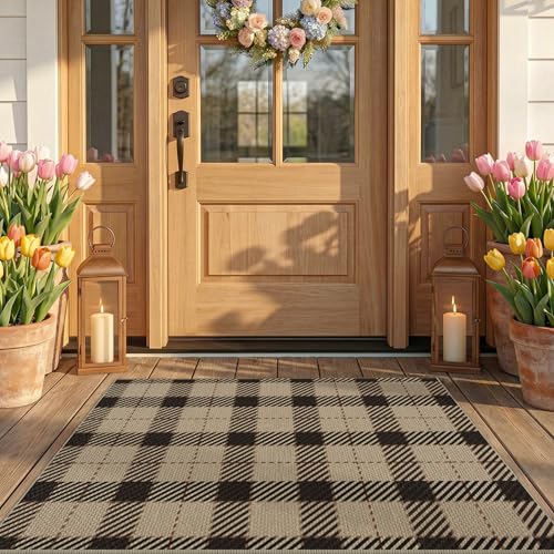 JTJ Easy Jute Front Porch Rug 27.5" x 43", Black & Beige Plaid - color: Beige Plaid, size: 2'3" x 3'7" (Rectangular)