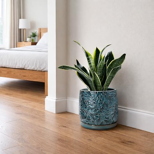 D'vine Dev Embossed Leaves Ceramic Planter, 8 in, Ocean Teal, 27-A-Q-8 - color: Ocean Teal, size: 8 Inch
