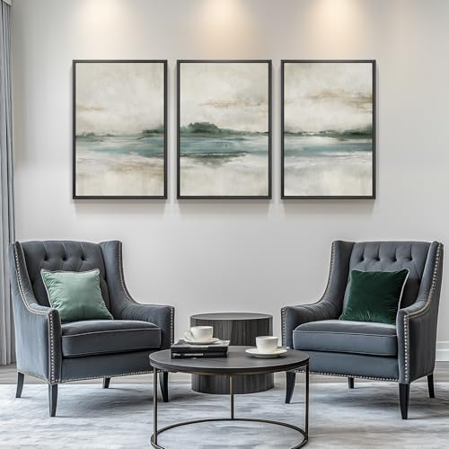 Framed Blue Green Abstract Landscape Wall Art, 3 Piece Set, Each 16x24 In - color: Tranquil Lakeview, size: 16" W x 24" H x 3pcs