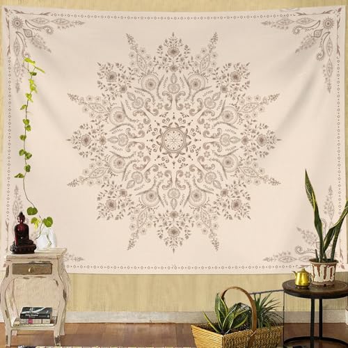 Neasow Bohemian Tapestry Wall Hanging, Beige Grey Floral Tapestry with Mandala Flower Medallion Print Bedroom Boho Home Decor 36×48 inch - color: WhiteSimple2, size: 48"L x 36"W