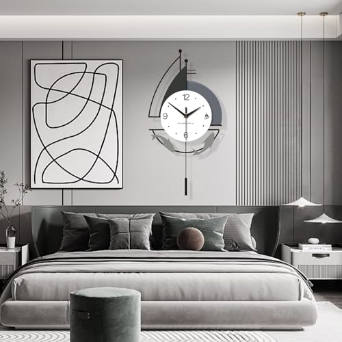 Decorative Wall Clock for Living Room, Creative Silent Non Ticking Modern Wall Clocks with Pendulum, Battery Operated, Large Wall Clock for Living Room, Kitchen, Bedroom (Black White, 36.2x18.1inch)