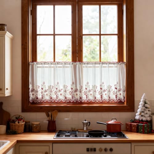 VOGOL Embroidered Lace Sheer Valance, Grommet Top, 55 x 24, 1 Panel, Red - color: Red
