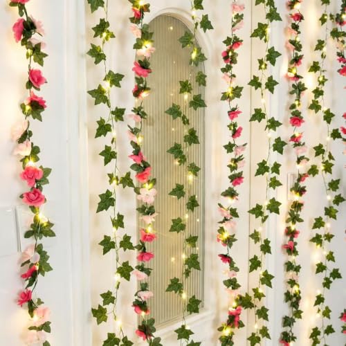 JMEXSUSS Vine Lights Flower for Bedroom, 200 LED Vines Roses with Fairy Lights - color: Ivy&Flower, size: 6.5x6.5ft - 200 LED
