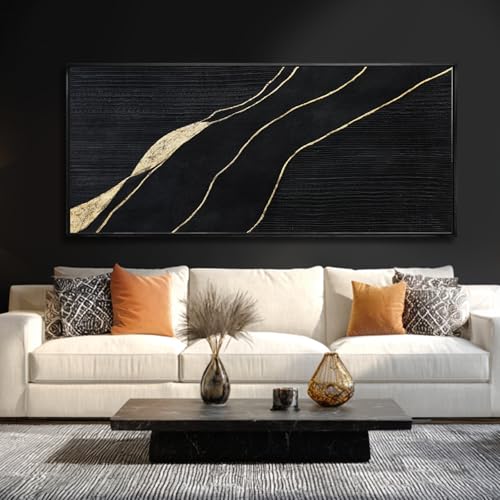 Black Gold Hand Painted Abstract Canvas Wall Art Living Room 32x70 Inch - color: Black, size: 70"L x 32"W