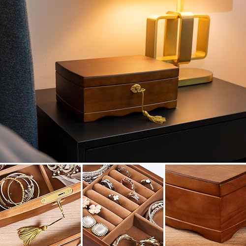 Wooden Jewelry Box with Lock and Key, Medium Size Case with Tray | Real Natural Wood, Lockable, Antique Style Organizer with Large Storage, Big Ring Compartments, Necklace Hooks, Brown