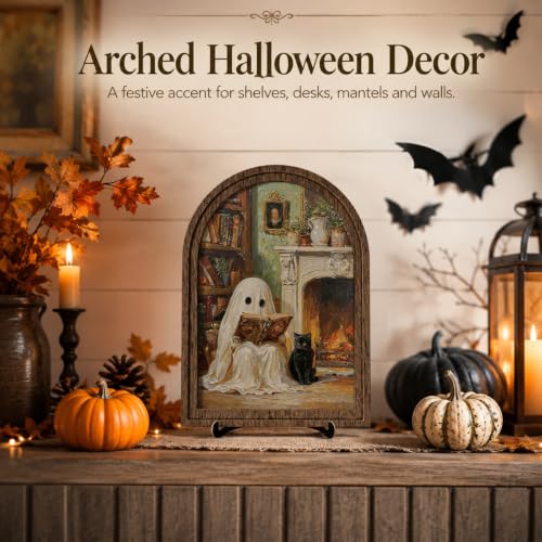 Vintage Reading Ghost Arched Wood Frame Decor, Black Cat Halloween Wall Art - color: Color 20