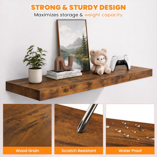 RICHER HOUSE 12" Deep Floating Shelves, 24 Inch Long Rustic Wood Wall Shelf - color: Brown, size: 24in