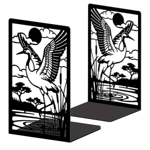 Peacoblue 5.3"x4.3"x7.9" Metal Bookends, Heavy Duty Book Ends for Shelves - style: Cranes by Pond with Reeds