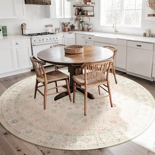 MUJOO Round Rugs 6ft Circle Area Rug Washable Boho Low Pile Pink and Green - color: Pink and Green, size: 6' (Round)