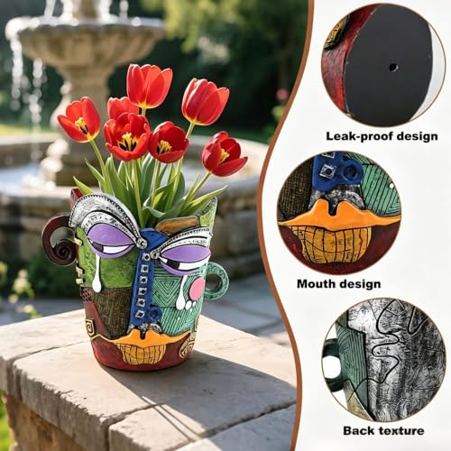 Picasso-Inspired Abstract Face Flower Pot | Unique Head Planter with Drainage Hole | Vibrant Colors & Quirky Art Decor (Tears) - color: Tears