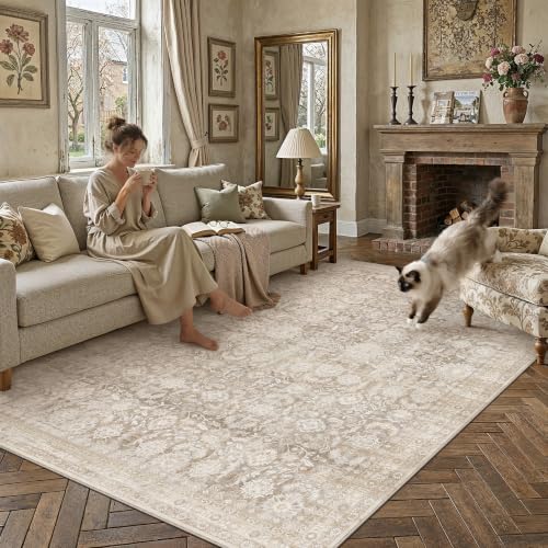Beige 5x7 Area Rug Neutral Distressed Carpet - color: Accent | Beige, size: 5' x 7' (Rectangular)
