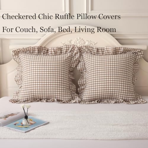 Silnuo 2 Pack Taupe/White Plaid Ruffle Throw Pillow Covers 20"x20" - color: Taupe Plaid, size: 20" x 20" - Set of 2