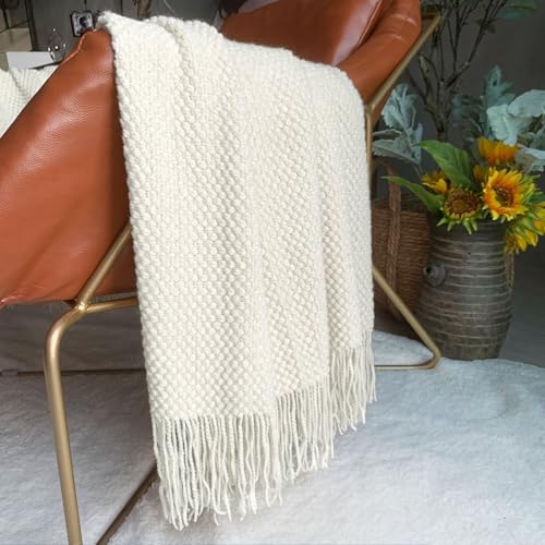 LOMAO Knitted Throw Blanket with Tassels Bubble Textured Lightweight Throws for Couch Cover Home Decor (Cream, 50x60) - color: Cream, size: 50x60"