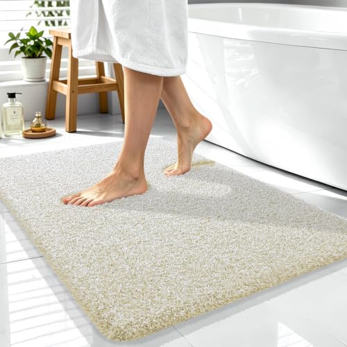 OLANLY Microfiber Bathroom Rugs 40x32, Quick Dry Bath Mat, Sand and White - color: Sand and White, size: 40" X 32"