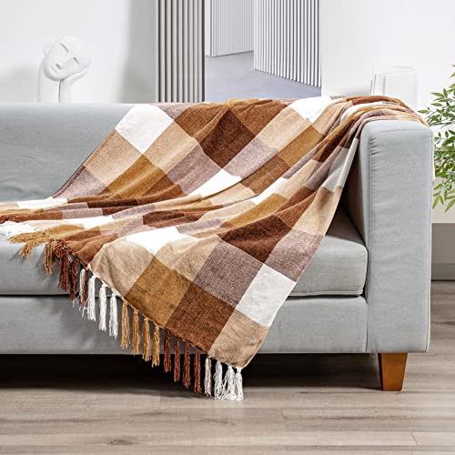 RECYCO Buffalo Plaid Chenille Throw Blanket, 50"x60", Brown Off White - color: Plaid Brown Off White, size: 50'' X 60''