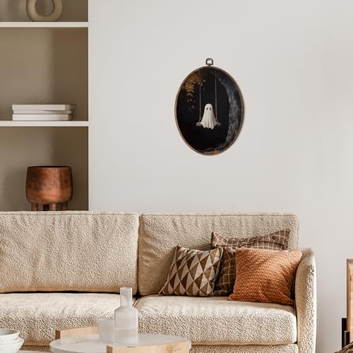 OINDADE Halloween Ghost Oval Wall Art Decor, Fall Dark Spooky Ghost on Swing Wall Art Hanging Decor, Dark Moody Halloween Autumn Fall Season Framed Canvas Artwork for Living Room Home, 8.8x11.5in - color: Color-8