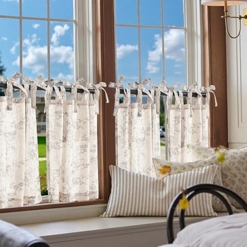 jinchan Grey Floral Kitchen Tier Curtains Alisa 24 Inches Tie Top 2 Panles - color: Alisa Grey on Linen, size: 26"W x 24"L (Pack of 2)