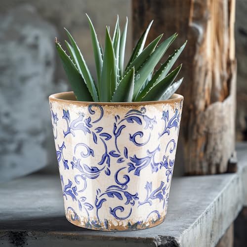 Beeveer Farmhouse Ceramic Planter 5.5 Inch Large Plants Pot Crack White Blue Flowers Plant Pots with Drainage Hole Indoor Plants Kitchen Rustic Antique Decor Gift - color: Blue & Beige, size: 5.5 Inch