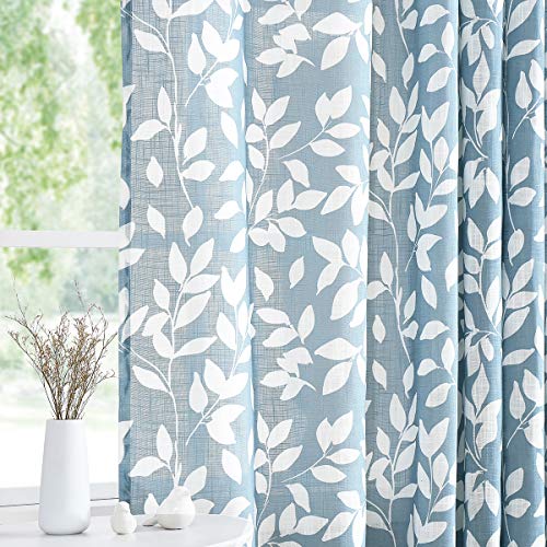 Blue White Leaf Semi Sheer Curtains for Kitchen Window Panels 52x54"L 2pcs - color: Blue, size: 52"W x 54"L (Pack of 2)