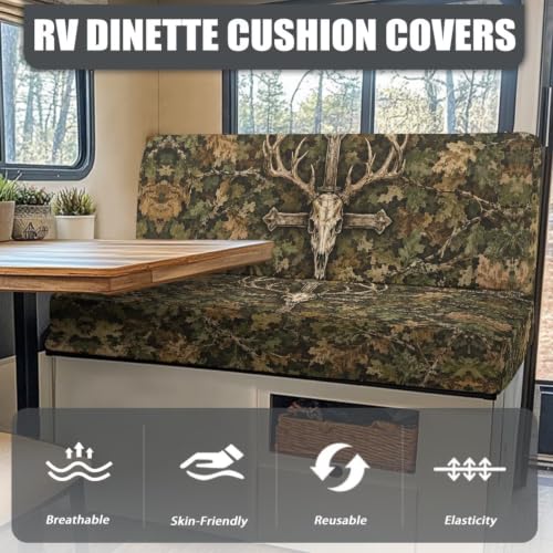 Camo Leaves Deer Skull Cross Print RV Dinette Cushion Covers 2 Pack Stretch Camper Cushion Slipcover Replacement RV Couch Cover Furniture Protector for RV Camper Car Bench - color: Camo Leaves Deer Skull Cross