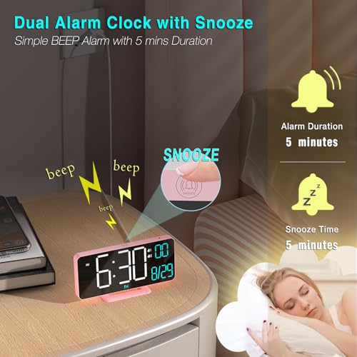 KOSUMOSU Clock for Bedroom, 6.7in Digital Alarm Clock, Auto Dimming, Room Temperature, Day of The Week, Seconds, Date, Alarm Clocks for Bedrooms, Digital Clocks for Living Room - color: Pink (White + Blue Digits)