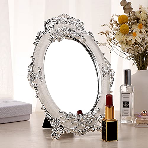 JUXYES Tabletop Dressing Mirror with Stand Desktop Mirror with Rose Decor