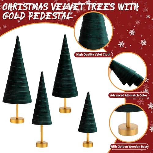 Hoolerry 4 Pcs Christmas Velvet Trees with Gold Pedestal, Green - color: Green