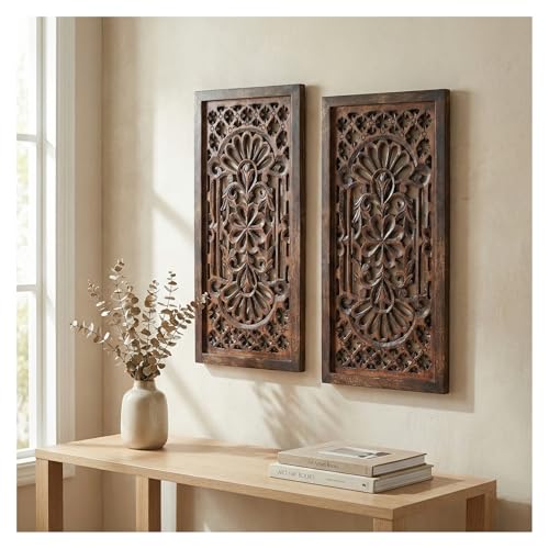 Wood Wall Art Panels, Hand Carved 12x24" Set of 2, Burnt Brown Cutwork - color: Burnt Brown, size: 24"L x 12" W - Flower