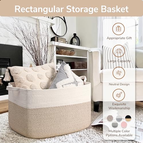 Goodpick 85L Large Woven Rope Blanket Basket, White & Light Brown - color: White & Light Brown, size: X-Large(23.6"L x 15.7"W x 13.8"H)