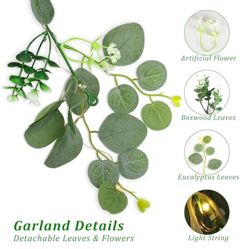 N&T NIETING 1 Pack Artificial Eucalyptus Garland with Lights, 6FT Artificial Greenery Summer Garlands, Battery Operated Twig Vine for Room Stairs Mantle Wedding Holiday Decoration Indoor Outdoor - size: 1