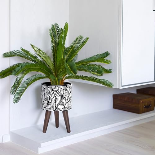 D'vine Dev 8 Inch Planter Pot with Wood Stand, White/Grey, 88-L-A-7 - color: White/Grey, size: Small