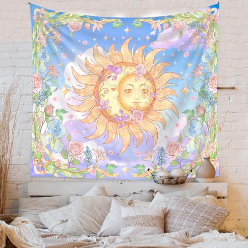 Jhdstore Sun Moon Wall Tapestry for Bedroom Aesthetic Refreshing Tapestry Wall Hanging Boho Chic Tapestries Room Decor Sun Moon Wall Decor Posters for Bedroom Wall Hanging 51”x59” - color: Blue Sun Moon, size: 59"L x 51"W
