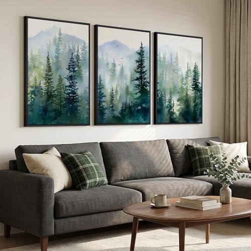Large Framed Green Forest Landscape Living Room Wall Art, 3 Piece, 24x36 In - color: Dark Green, size: 24" W x 36" H x 3Pcs