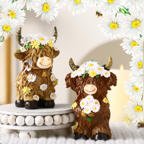 2 Pcs Highland Cow Figurines Decor, Daisy Flower Style - style: Daisy Flower