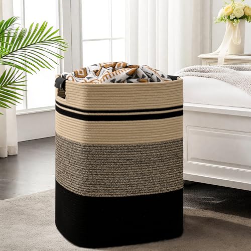 Laundry Hamper, 95L Tall Laundry Basket with Leather Handles, Rectangle Large Clothes Hamper for Organizing, Cotton Woven Laundry Baskets Storage Hampers for Bedroom, Nursery, Living Room - color: Jute& Black, size: 95L