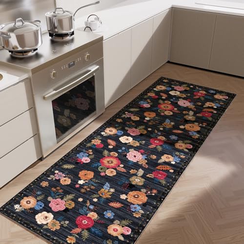 Washable Kitchen Rugs Non Slip: 2x6 Hallway Runner Rug Soft Carpet Runners - color: Black Floral, size: 2' x 6' (Rectangular)