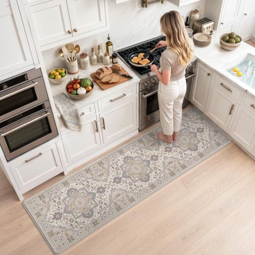 LUMI Kitchen Floor Mat Cushioned Anti Fatigue Runner Rug, 24"x87" - color: Cream & Multi, size: 87"L x 24"W x 0.4"Th