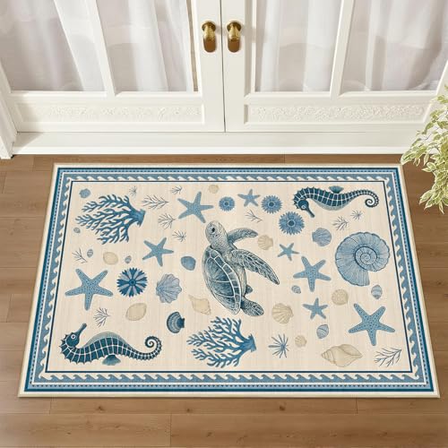 Coastal Nautical Rug 2x3 for Entryway Sea Turtle Starfish Ocean Seashell - color: Coastal, size: 2' x 3' (Rectangular)