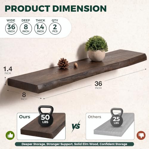 36in Live Edge Solid Elm Floating Shelves, Walnut, Set of 2 - color: Walut Color, size: Live Edge 36 inch, 2Packs