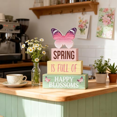 Spring Decoration Wooden Tiered Tray Decor – Butterfly Spring Stacked Block Sign with Floral Accents – Farmhouse Tabletop Spring Decor for Shelf Mantel Seasonal Home Display - style: Butterfly