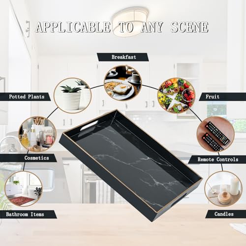 Serving Tray with Handles, Large Black Marble Plastic Tray, 15.7 x 11.8 x 1.6 Inch Rectangular Decor Coffee Table Tray with Storage for Bedroom, Living Room, Dining Room, Party & Patio Pool