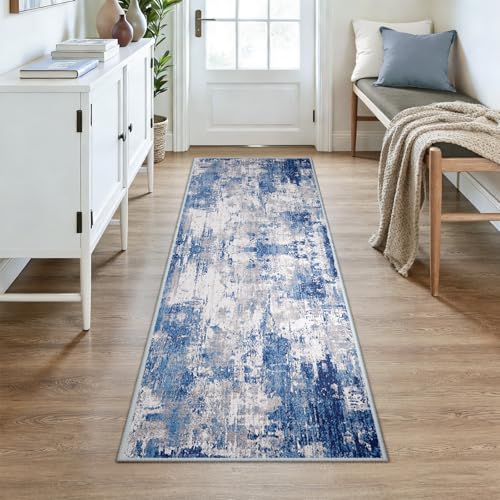 RELEANY Washable Runner 3'x7' Abstract Area Rug for Hallway Blue Gray - color: Blue/Gray, size: 3' x 7' (Runner)