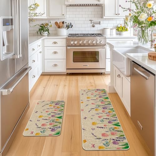 Artoid Mode Lavender Tulip Spring Kitchen Mats Set of 2, Seasonal Flower Summer Home Decor Low-Profile Kitchen Rugs for Floor - 17x29 and 17x47 Inch - size: 17" x 29" /17" x 47"