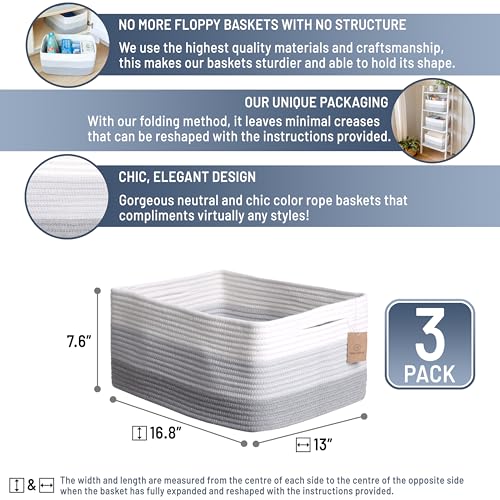 NaturalCozy Storage Baskets 16.8”x13”x7.6” Cotton Rope Woven Baskets for Organizing 3-Pack | Toy Storage Bins | Basket for Shelves, Laundry, Blanket, Clothes, Closet, Kitchen, Bathroom, Gifts - color: 3-Tone Gray
