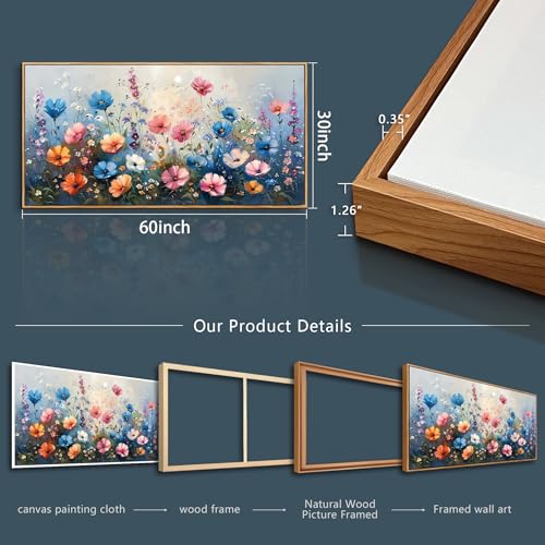 QIYILEXWART Large Wall Art For Living Room Canvas Wall Decor For Bedroom Watercolour Painting Office Decoration Colorful Flowers Wall Picture Artwork Ready To Hang Home Decor Wood Framed - color: Colorful Flowers Wood Frame, size: 60"L x 30"W