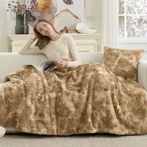 Cozy Bliss Faux Fur Throw Blanket for Couch, Fuzzy Soft Plush Thick Warm Fluffy Reversible Wave Textured Blanket for Sofa Bedroom Living Room, 55 * 70 Inches Tie-dye Khaki - color: Tie-dye Khaki, size: Throw(55" x 70")