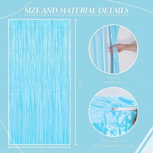 DECOCKRAT 3 Pack Foil Fringe Backdrop - Pastel Blue Shiny Tinsel Curtains for Party Decoration/Photo Booth Props - 3.3x8.2 FT Metallic Foil Backdrop for Birthday, Wedding, Graduation, Christmas. - color: Pastel Blue