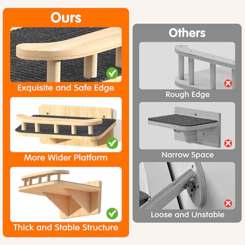 Cat Wall Shelves with 3 Steps, Floating Cat Shelves for Wall with Wide Perch, Modern Wood Wall Mounted Furniture up to 15lbs, Climber Shelf for Small/Medium Cats Sleeping,Jumping, Playing - size: Rectangular