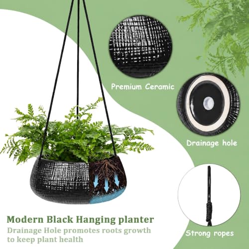 Hanging Planter for Indoor Plant 8 in, Ceramic Black Flower Pot - color: Black